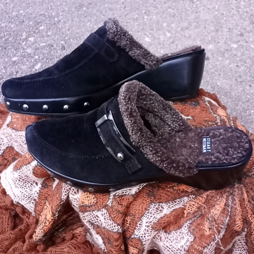 Stuart Weitzman Suede & Genuine Shearling mule Clogs